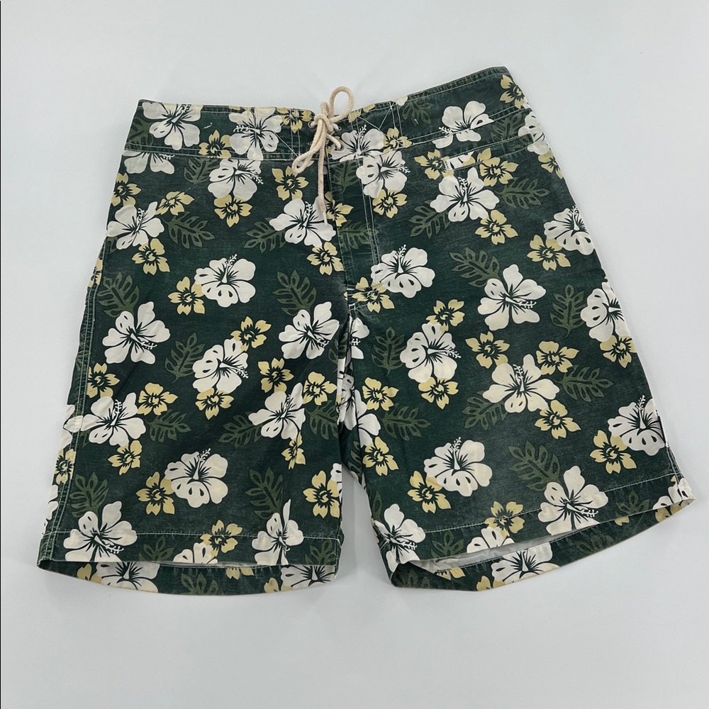 Vintage J. Crew Dark Green Floral‎ Swim Shorts beach tropical Velcro 32